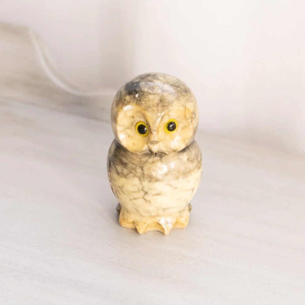 Vintage Medium Grey Cream Alabaster Owl Figurine